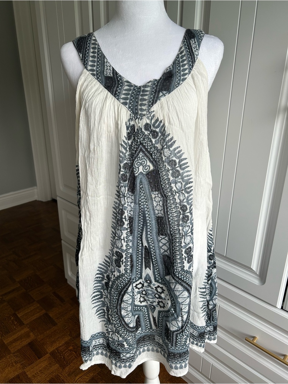 Boho Cream and Charcoal Printed Sleeveless Bathing Suit Coverup